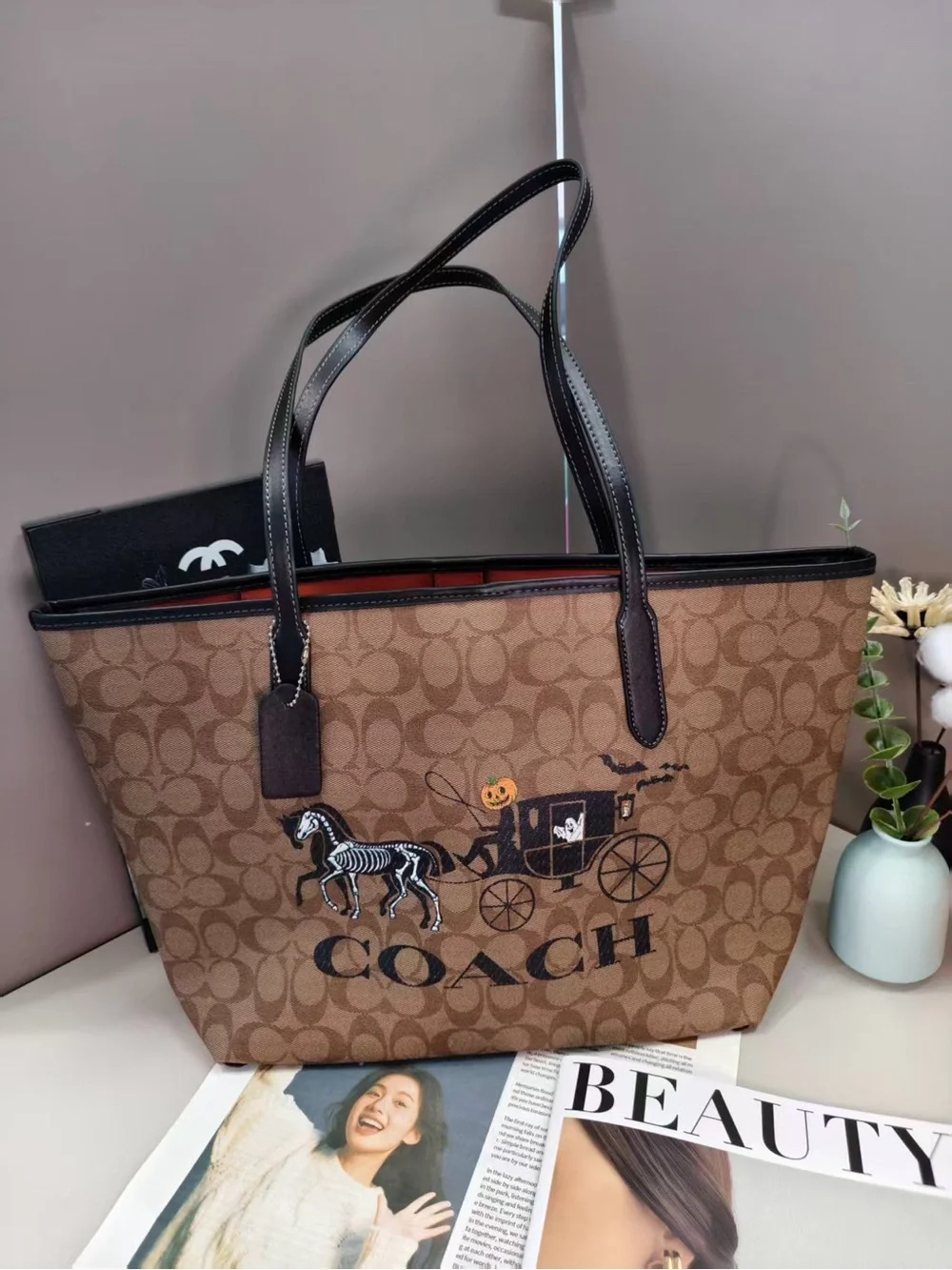 Coach Brown Signature Canvas Tote with Halloween Motif and Black Trim